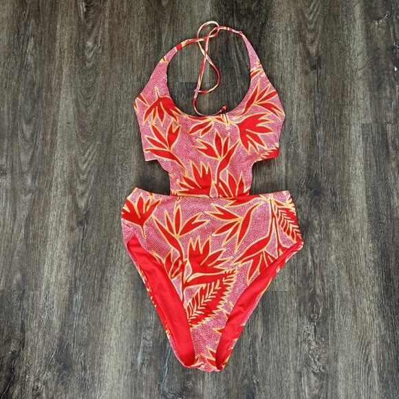 Aerie Red Coral Floral Monokini One Piece Swimsuit Bird of Paradise Open Cut - Picture 2 of 6